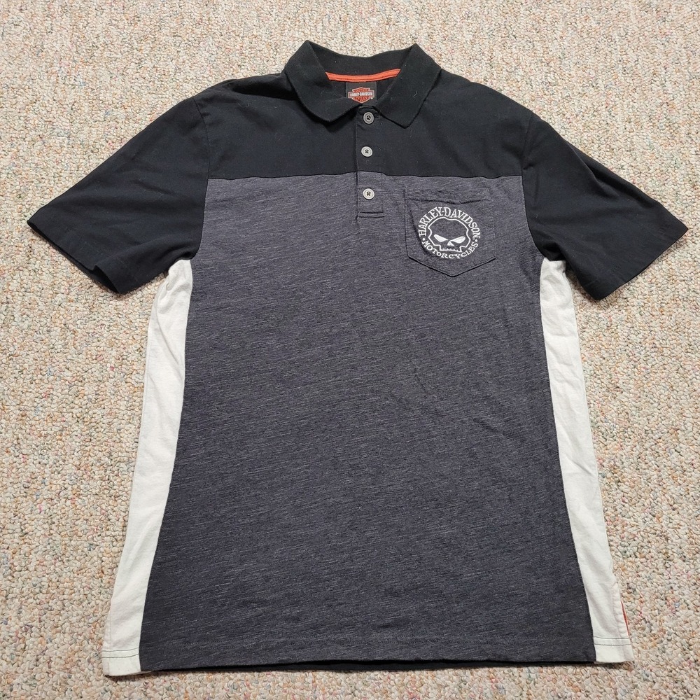 Harley Davidson Polo Shirt Mens Medium Black Grey Motorcycle‎ Rider Biker Skull